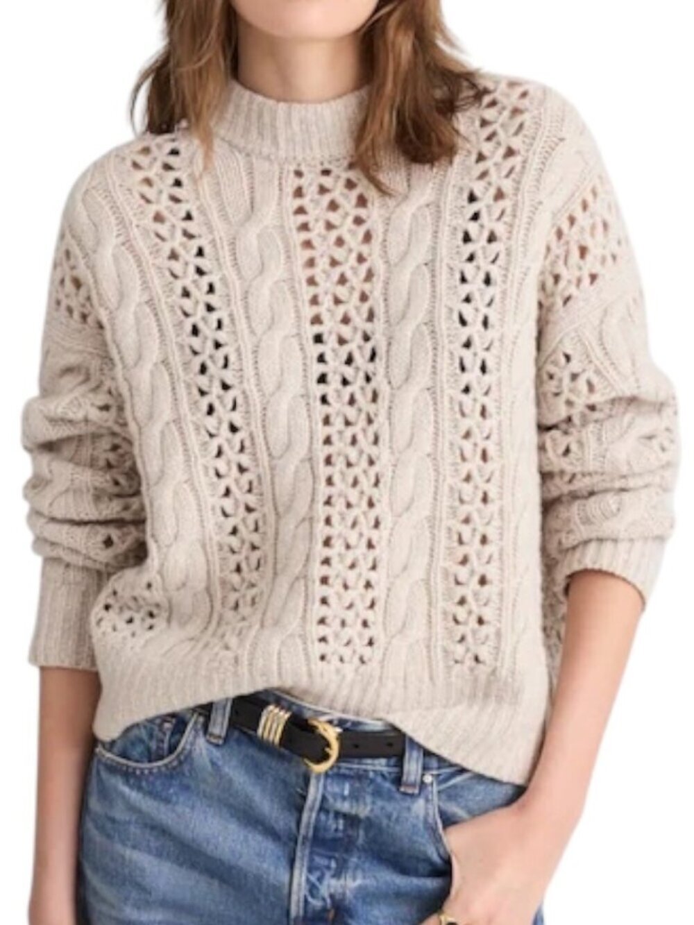 Madewell Marled Cable-Knit Sweater~Size S~Mixed Oat Marl Crewneck Fit NWT L4 15